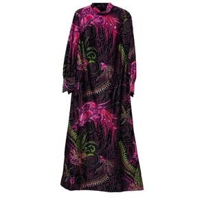 Vtg Qiana Du Pont Maxi Dress 1970s Psychedelic Print Mock Neck‎ Long Sleeve READ